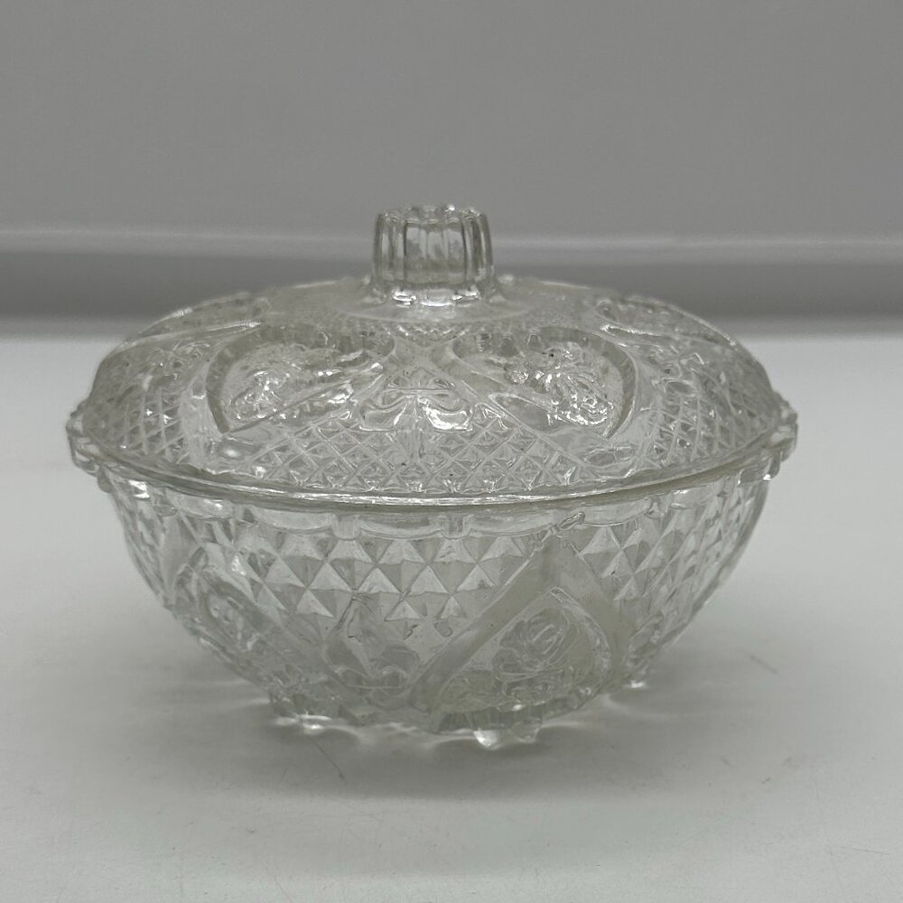 Vintage Malaysia KIG Pressed Glass Candy Dish Hearts Roses Bows Footed Covered